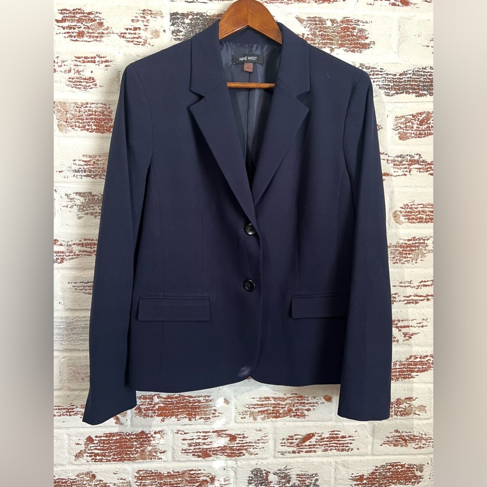 Nine West Blazer Navy Blue Two-Button Notched Lapel Cotton Blend Lined Sz 10